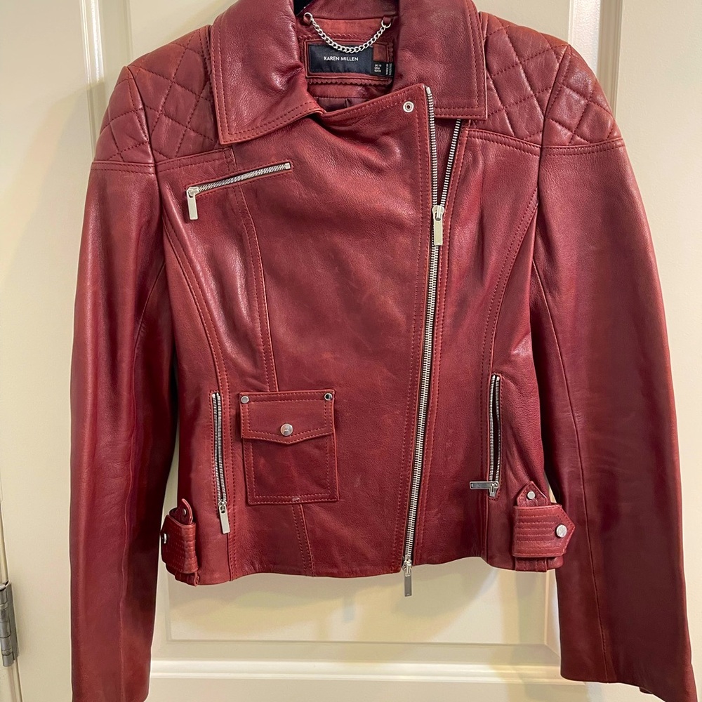 Karen Milllen burgundy leather moto biker jacket in excellent condition.